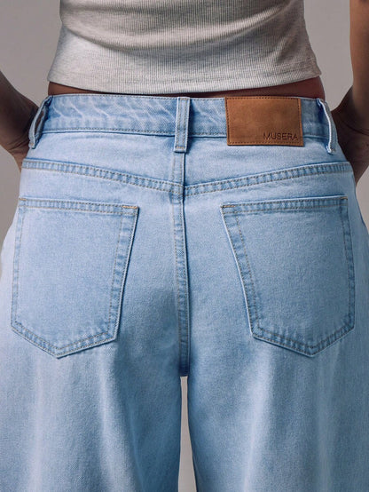 Mid Rise Wide Leg Denim Jeans With Silver Button Detail For Casual Everyday Wear