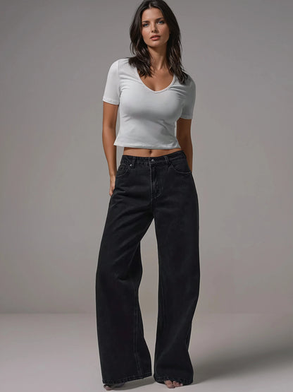 Mid Rise Wide Leg Denim Jeans With Silver Button Detail For Casual Everyday Wear