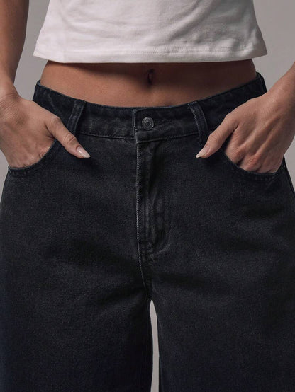 Mid Rise Wide Leg Denim Jeans With Silver Button Detail For Casual Everyday Wear
