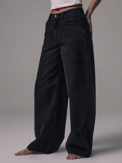 Mid Rise Wide Leg Denim Jeans With Silver Button Detail For Casual Everyday Wear