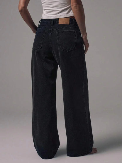 Mid Rise Wide Leg Denim Jeans With Silver Button Detail For Casual Everyday Wear