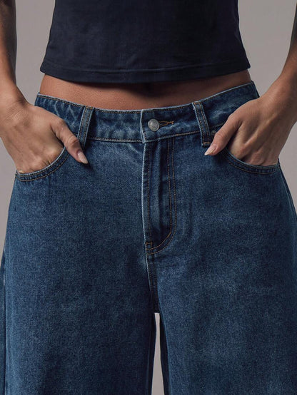Mid Rise Wide Leg Denim Jeans With Silver Button Detail For Casual Everyday Wear