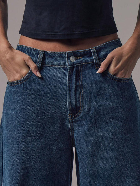 Mid Rise Wide Leg Denim Jeans With Silver Button Detail For Casual Everyday Wear