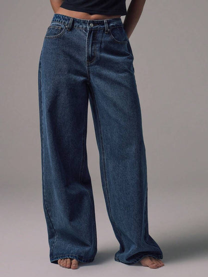 Mid Rise Wide Leg Denim Jeans With Silver Button Detail For Casual Everyday Wear