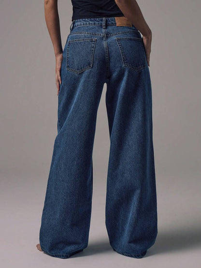 Mid Rise Wide Leg Denim Jeans With Silver Button Detail For Casual Everyday Wear