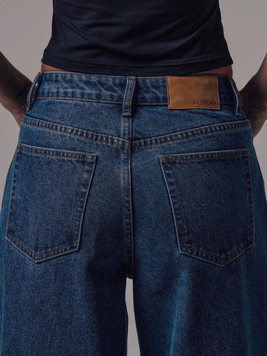 Mid Rise Wide Leg Denim Jeans With Silver Button Detail For Casual Everyday Wear