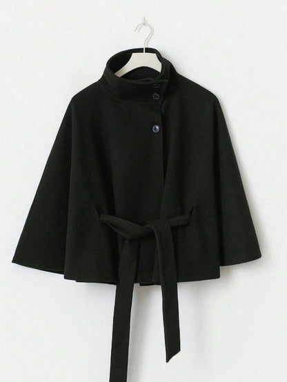 Hooded Belted Wool Cape Coat