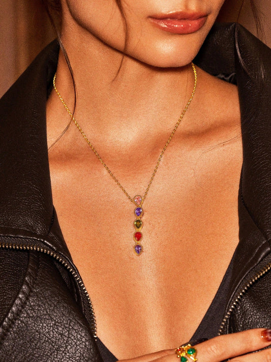 Five Color Long Pendant Necklace With Zirconia Rhinestones Vintage Glam Style