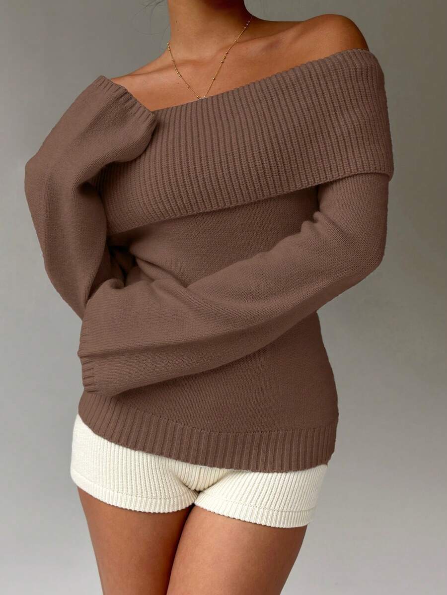 Off Shoulder Foldover Ribbed Knit Jumper