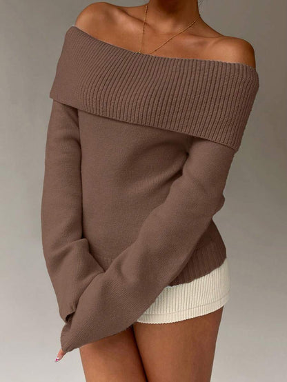Off Shoulder Foldover Ribbed Knit Jumper