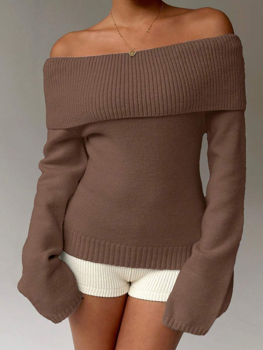 Off Shoulder Foldover Ribbed Knit Jumper