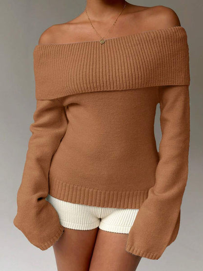 Off Shoulder Foldover Ribbed Knit Jumper