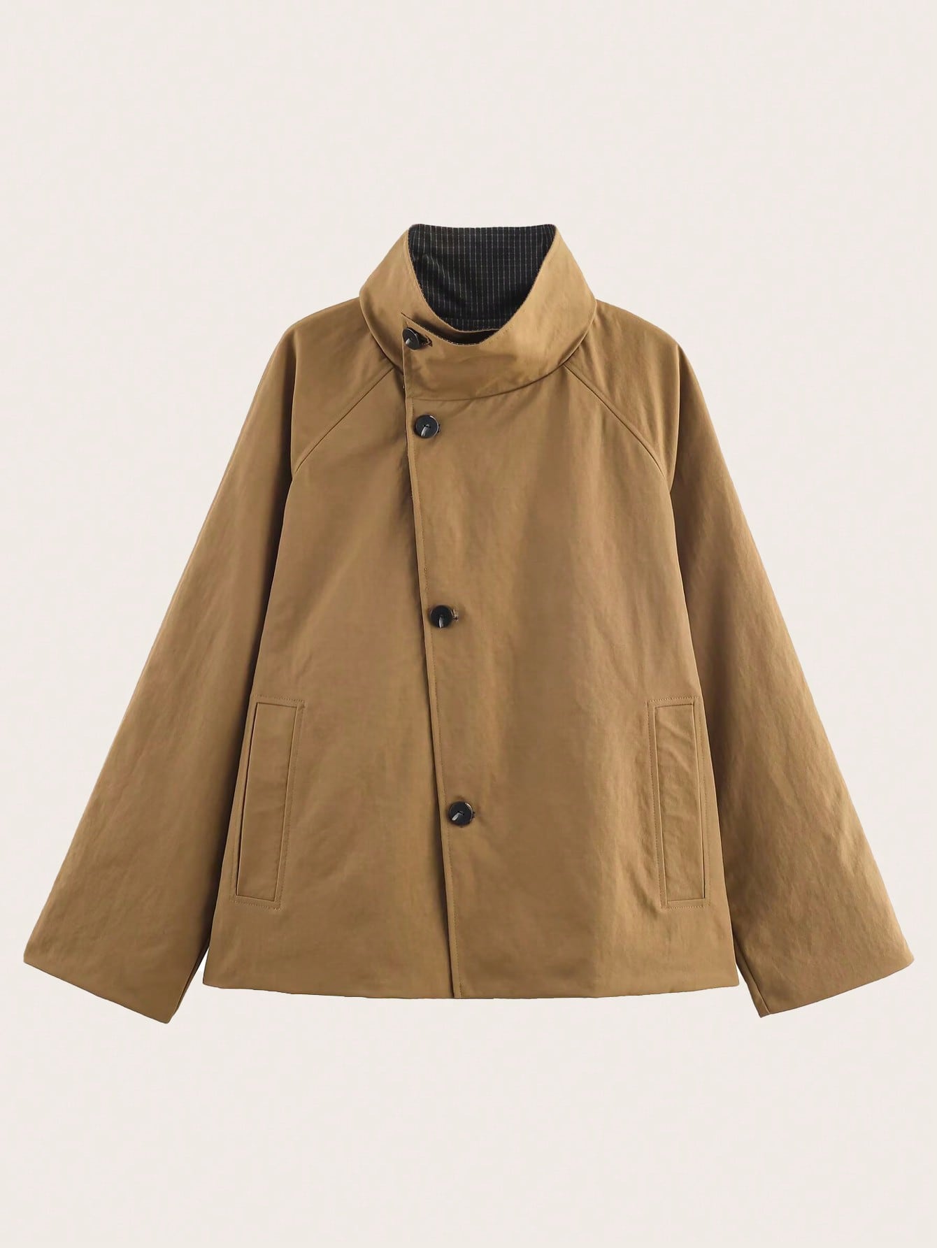 Geometric Reversible Trench Coat With Funnel Neck Casual Long Sleeve Spring And Autumn