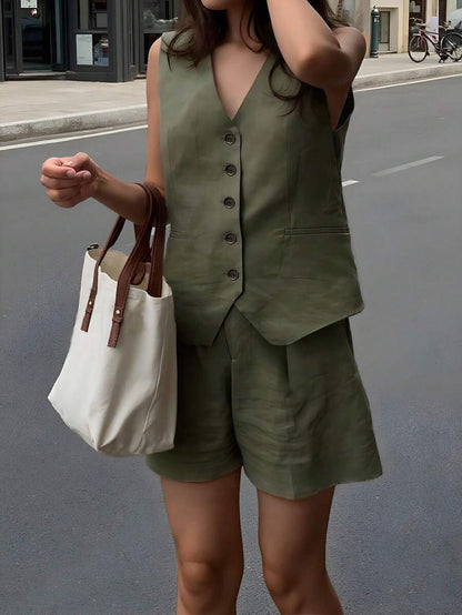 Women Casual 2 Piece Vest And Shorts Set Solid Color Khaki Beachwear Commuter Style