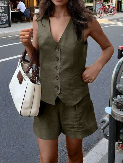 Women Casual 2 Piece Vest And Shorts Set Solid Color Khaki Beachwear Commuter Style