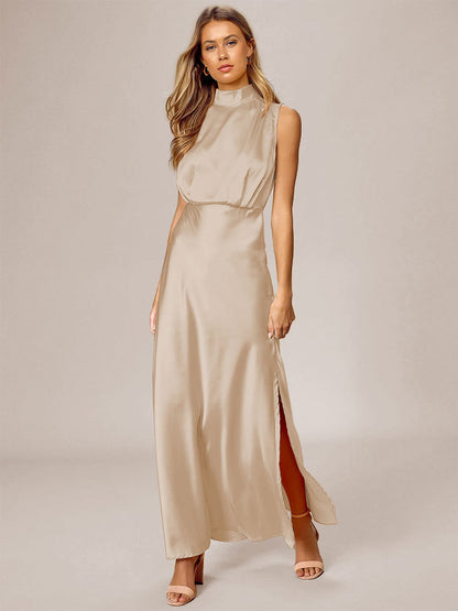 Maxi Dress High Collar Sleeveless Casual Low-slit Long Dress