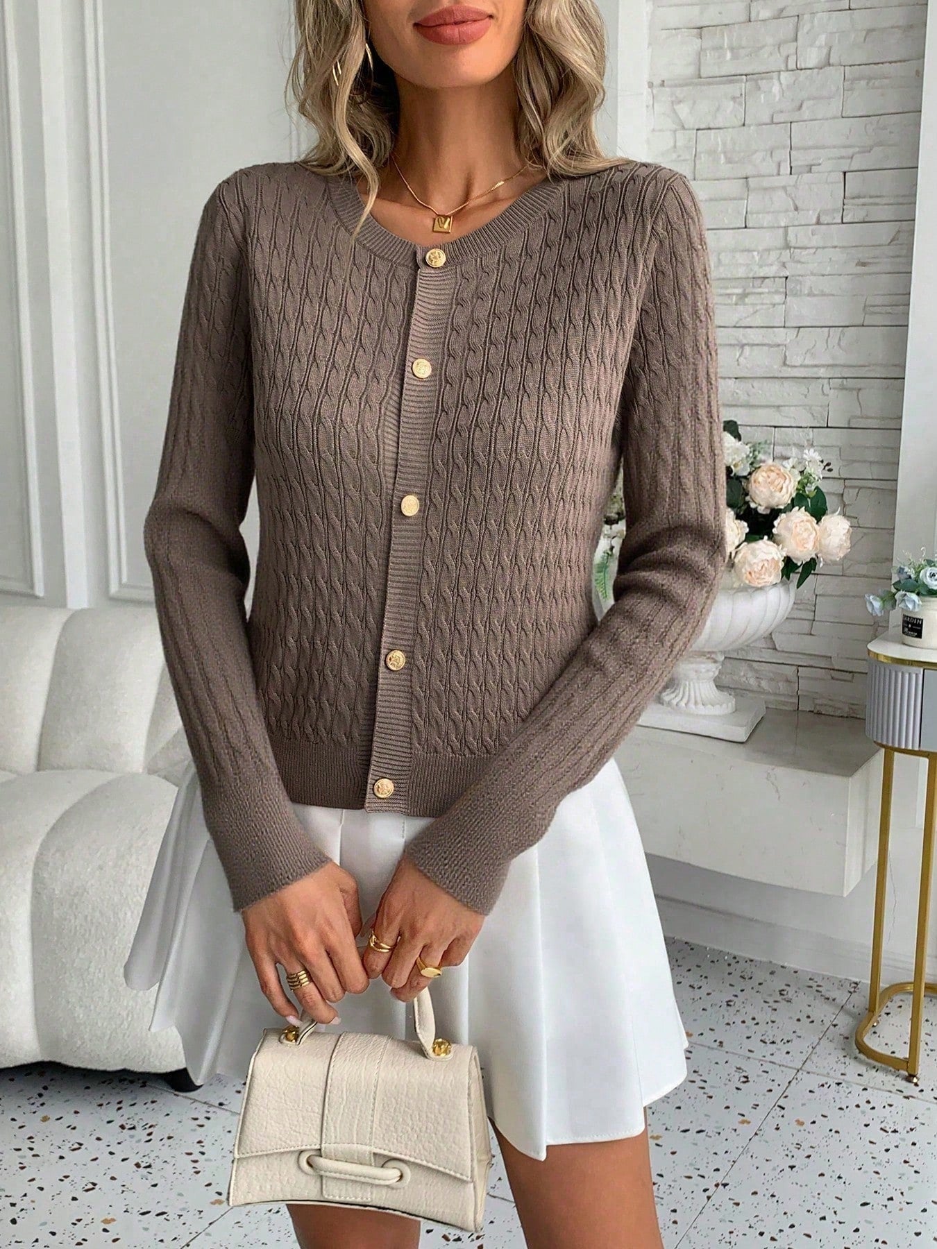 Taupe Cable Knit Cardigan