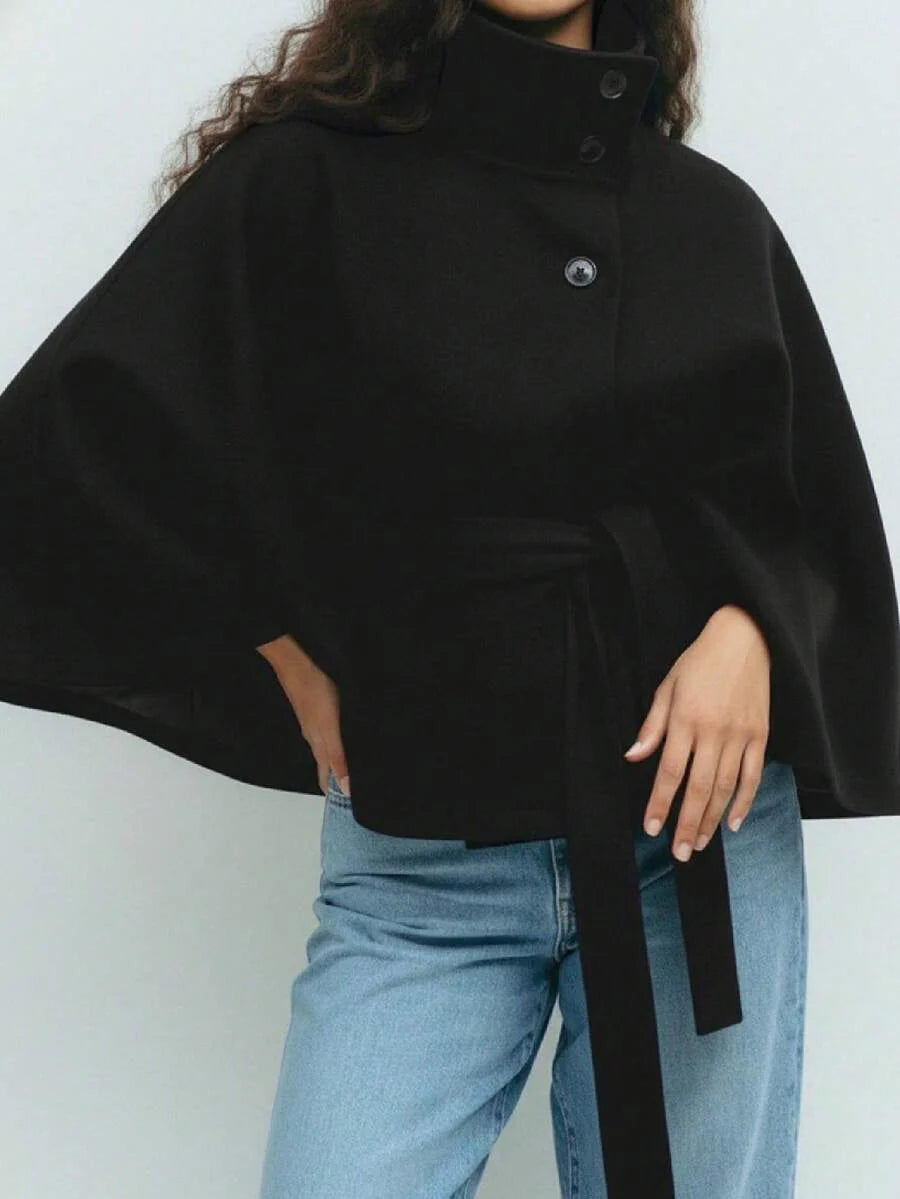 Hooded Belted Wool Cape Coat