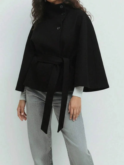 Hooded Belted Wool Cape Coat