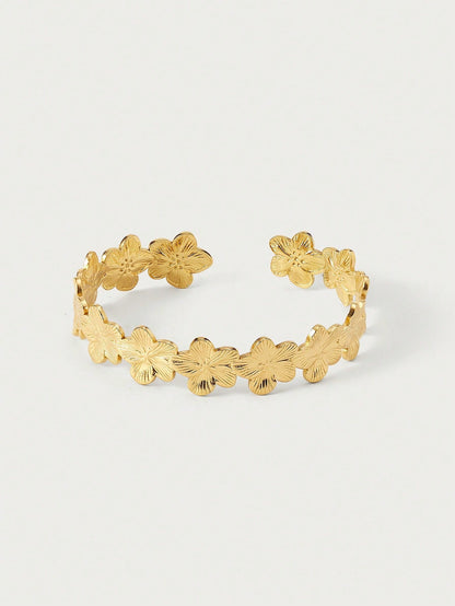 FloraGlow Gold Flower Stainless Open Cuff