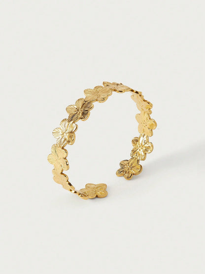 FloraGlow Gold Flower Stainless Open Cuff
