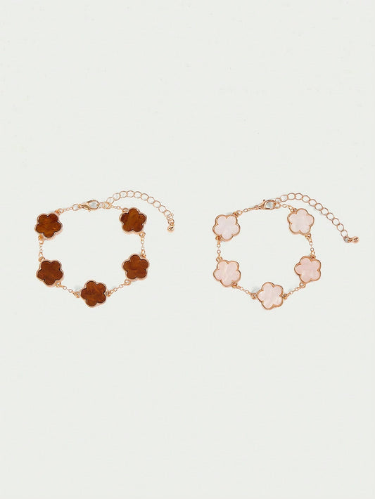 Five Leaf Clover Grace Dual Bracelet Set In White And Brown