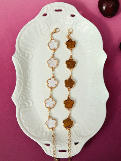 Five Leaf Clover Grace Dual Bracelet Set In White And Brown