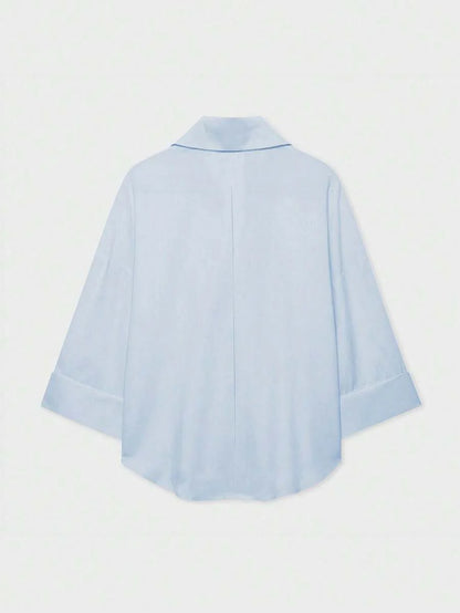 Sky Blue Button Front Shirt For Women Casual Office Everyday Wear Versatile Daily Shirt