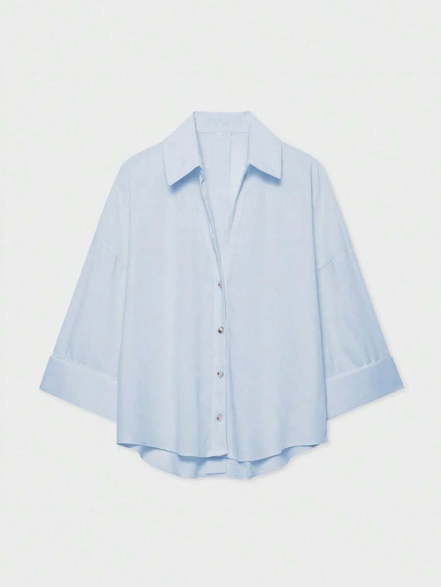 Sky Blue Button Front Shirt For Women Casual Office Everyday Wear Versatile Daily Shirt
