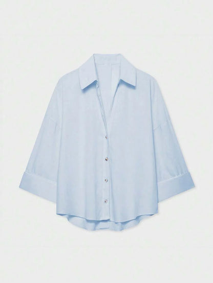 Sky Blue Button Front Shirt For Women Casual Office Everyday Wear Versatile Daily Shirt