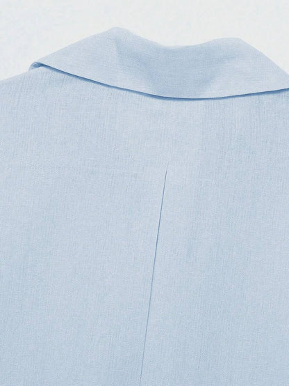 Sky Blue Button Front Shirt For Women Casual Office Everyday Wear Versatile Daily Shirt