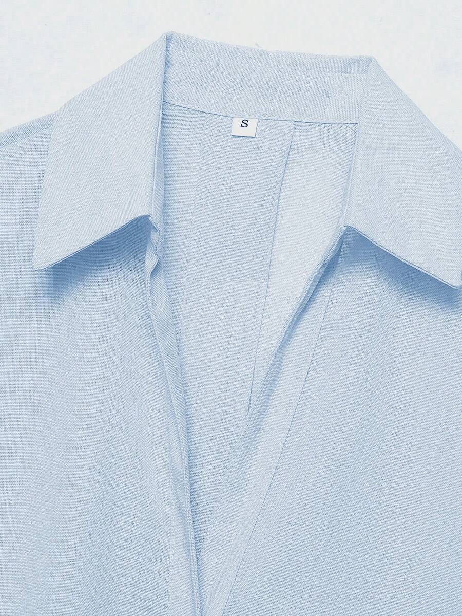 Sky Blue Button Front Shirt For Women Casual Office Everyday Wear Versatile Daily Shirt