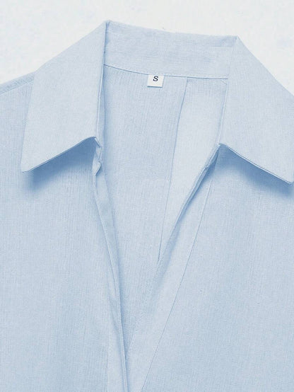 Sky Blue Button Front Shirt For Women Casual Office Everyday Wear Versatile Daily Shirt