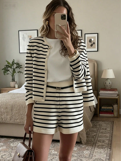 Business Casual Striped Tweed Belted Jacket And Knit Shorts Set For Women White Cardigan