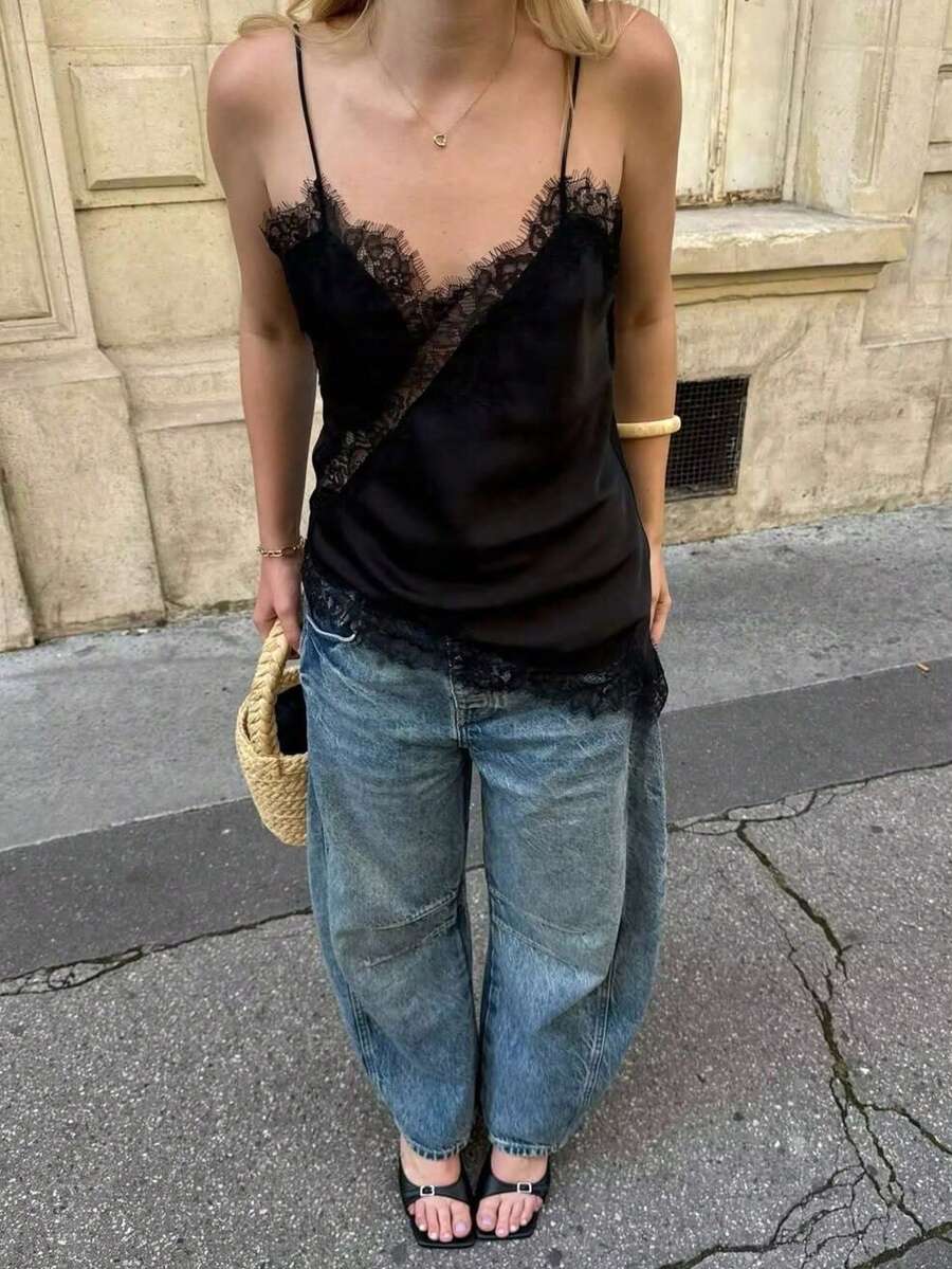 Contrast Lace Spaghetti Strap Top