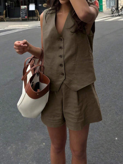 Women Casual 2 Piece Vest And Shorts Set Solid Color Khaki Beachwear Commuter Style