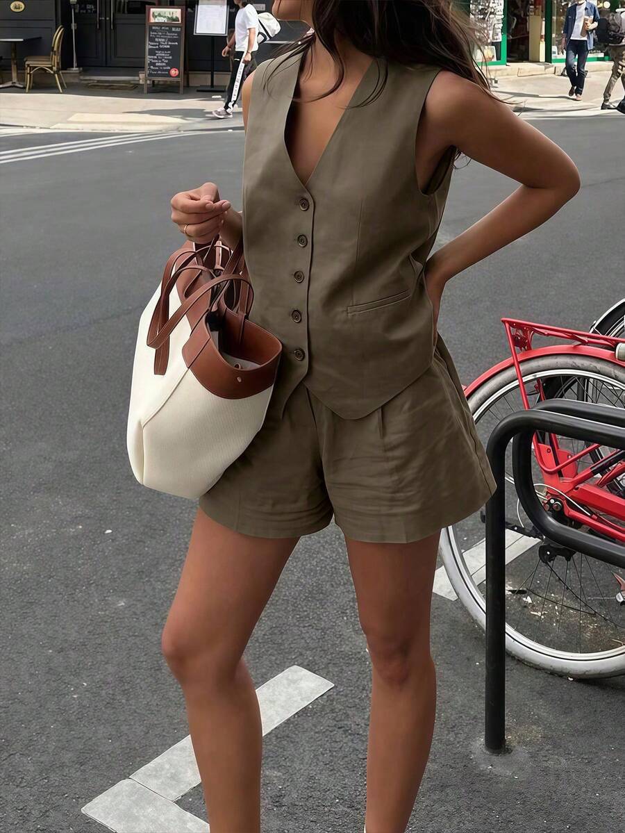 Women Casual 2 Piece Vest And Shorts Set Solid Color Khaki Beachwear Commuter Style