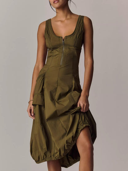 Scoop Neck Zip Front Corset Seam Cargo Pocket Bubble Hem Midi Dress