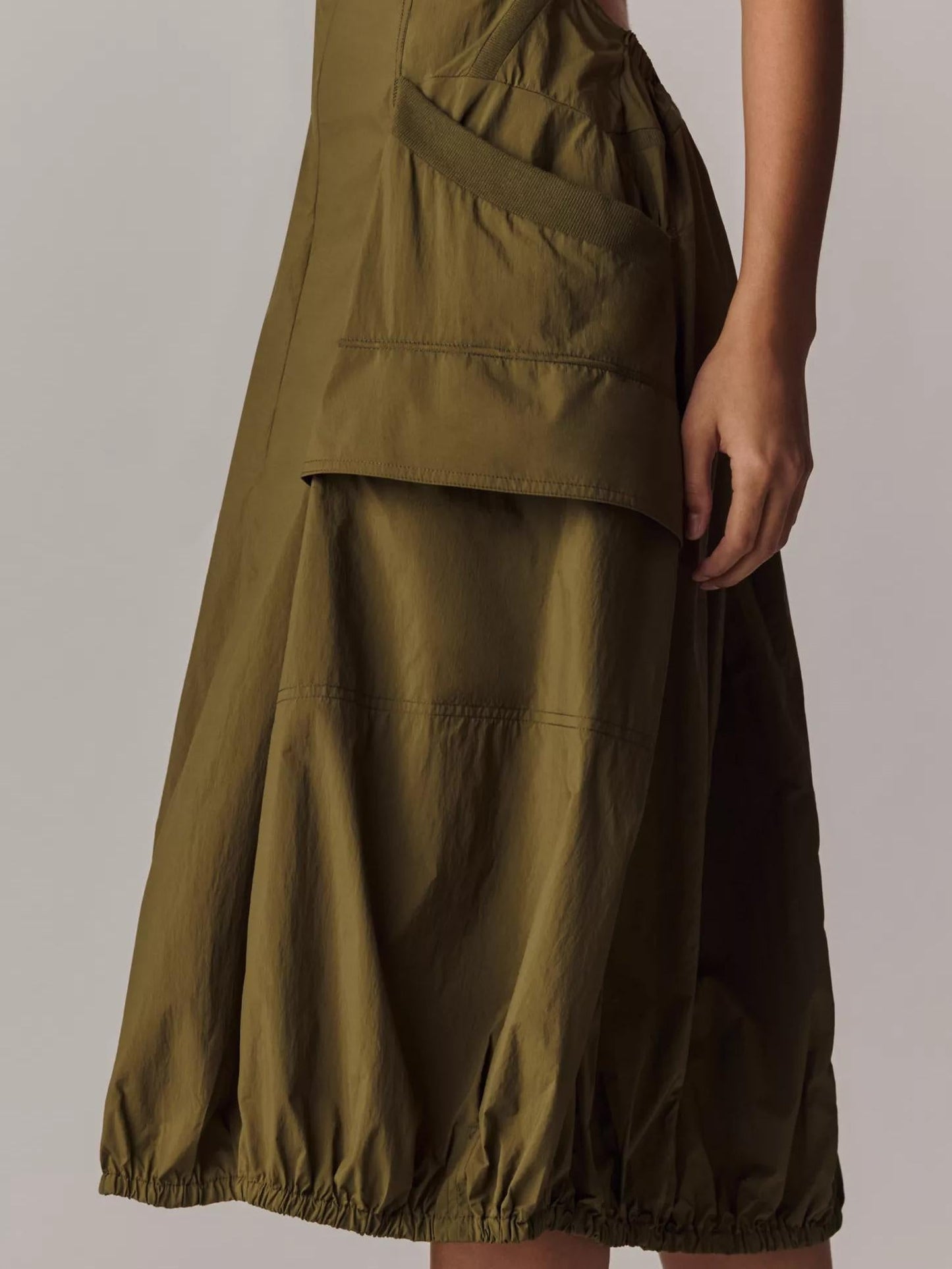 Scoop Neck Zip Front Corset Seam Cargo Pocket Bubble Hem Midi Dress