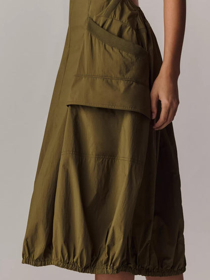 Scoop Neck Zip Front Corset Seam Cargo Pocket Bubble Hem Midi Dress