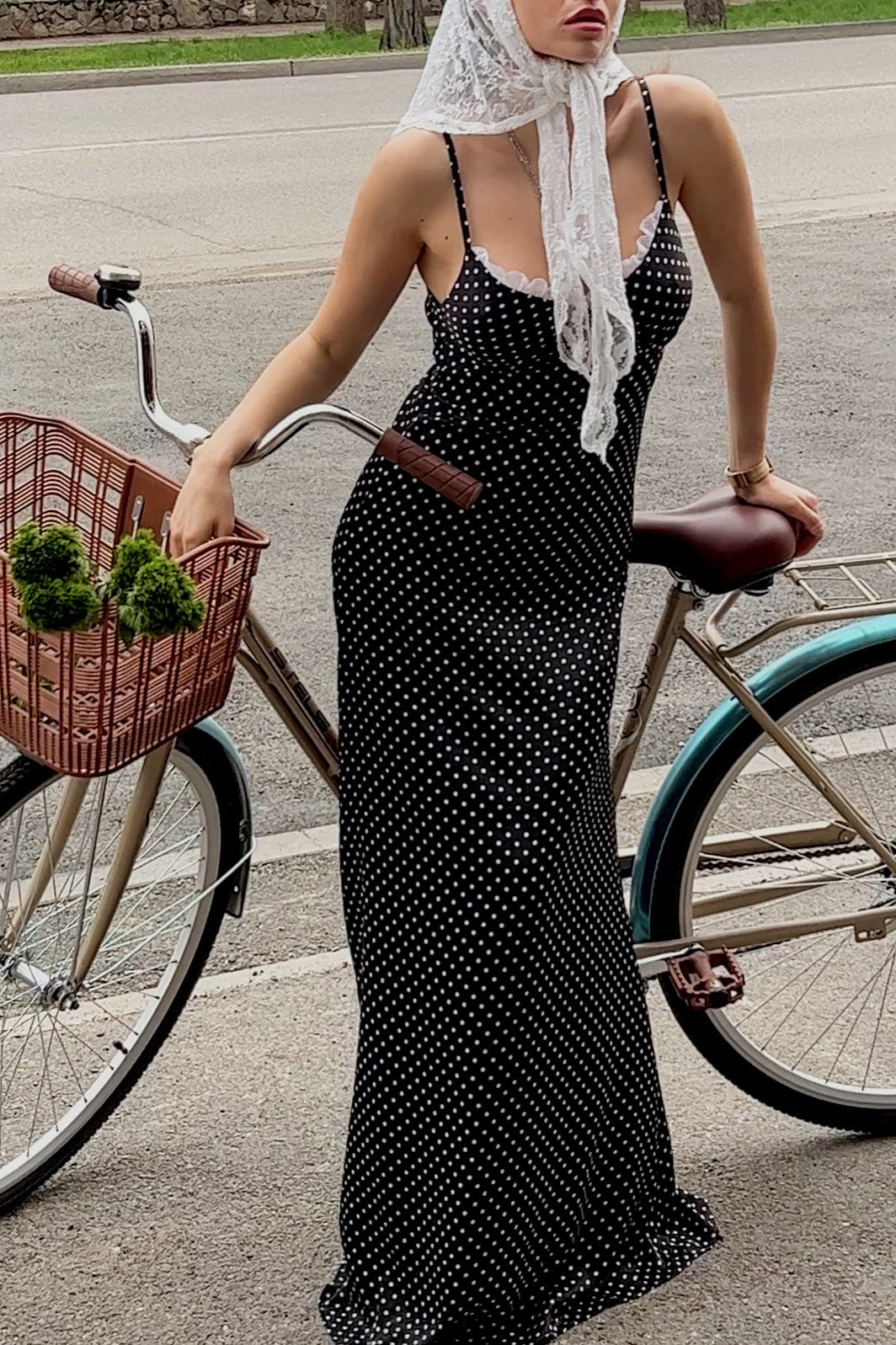 Polka Dot Lace Trim Spaghetti Strap V-Neck Bodycon Maxi Dress