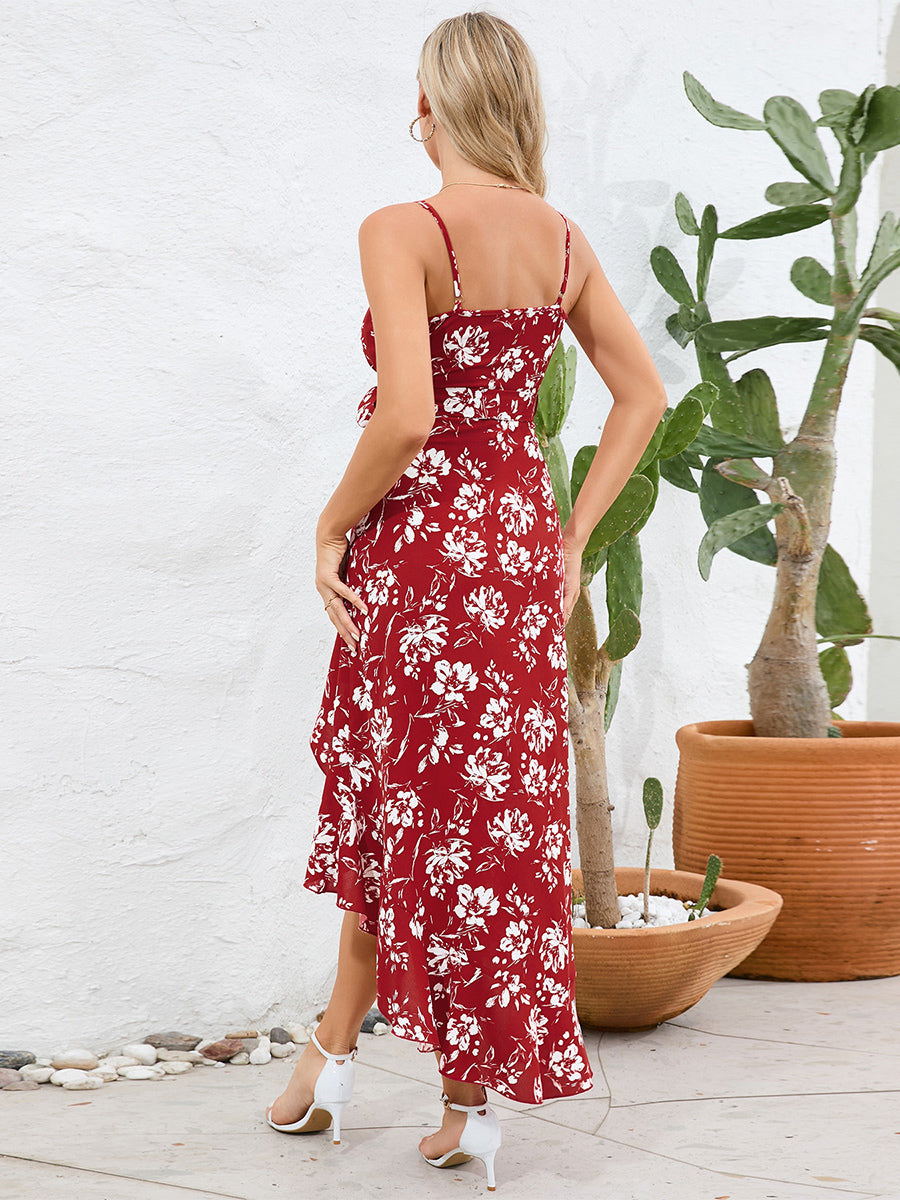 Printed Dress V-Neck Spaghetti Straps Faxu Wrap Belted Summer Midi Dresses