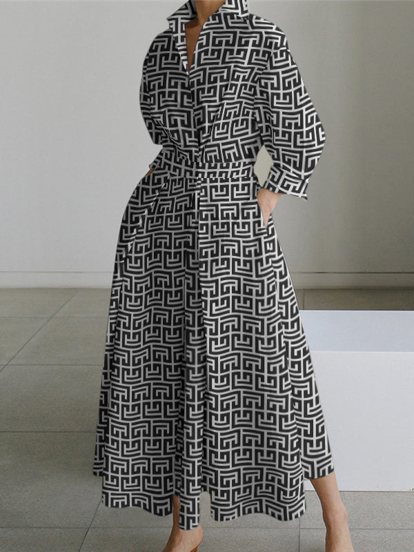 Long Sleeves Loose Pleated Printed Tied Waist Lapel Shirt Dress