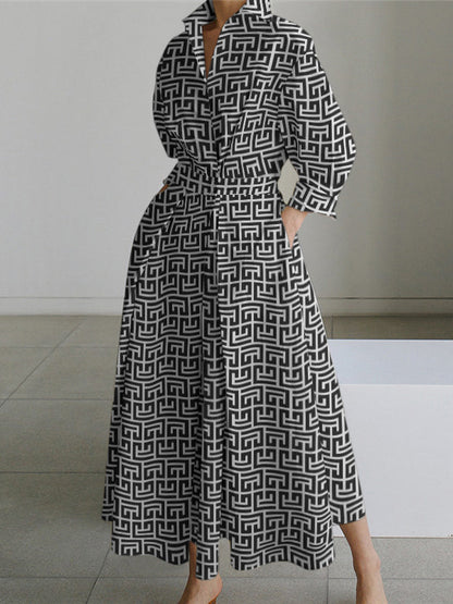 Long Sleeves Loose Pleated Printed Tied Waist Lapel Shirt Dress