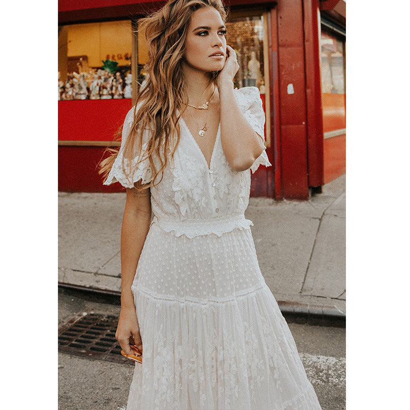 Short Sleeve Floral Lace Embroidery Tiered Dot Mesh Scallop Hem Maxi Dress