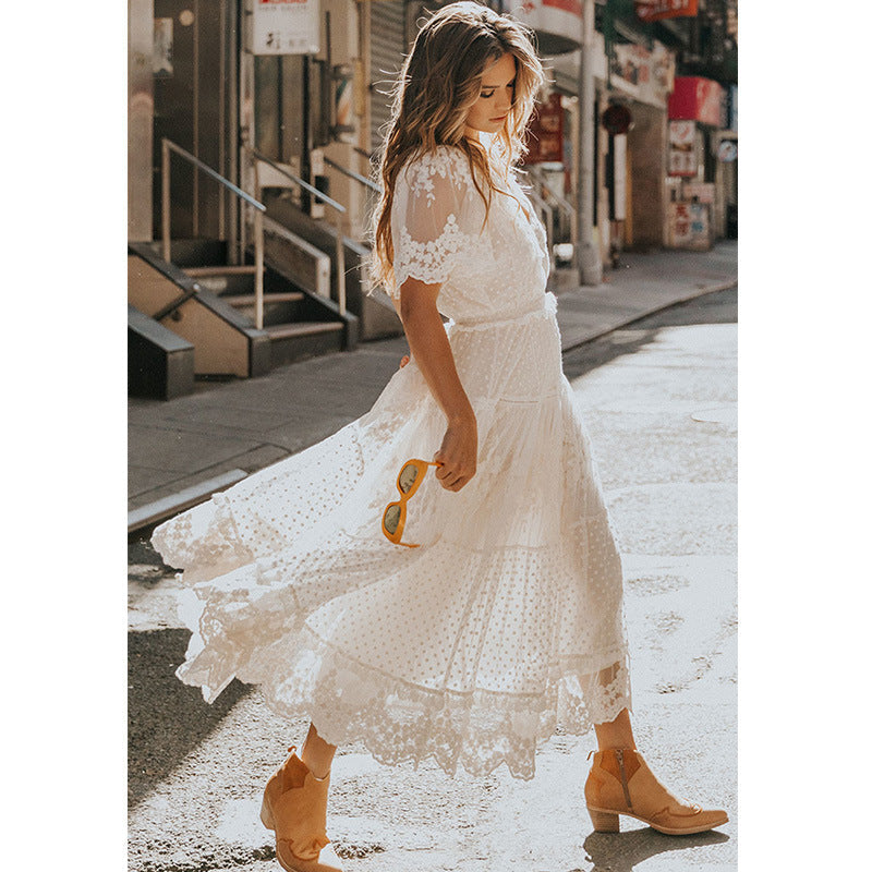 Short Sleeve Floral Lace Embroidery Tiered Dot Mesh Scallop Hem Maxi Dress