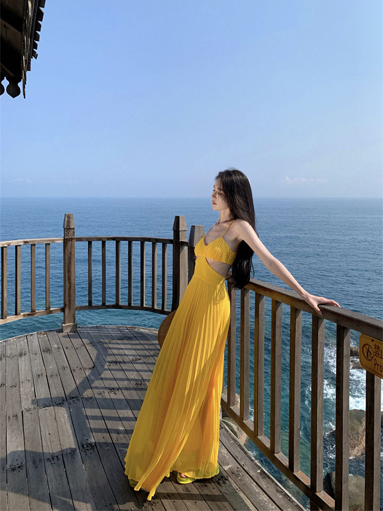 Dopamine Yellow Spaghetti Strap Maxi Dress – Sexy Backless Vacation Outfit