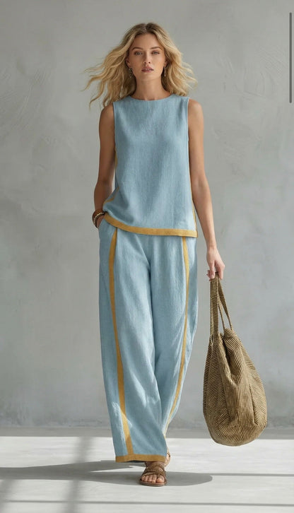 Women’s Linen Two Piece Set - Sleeveless Casual Summer Outfit