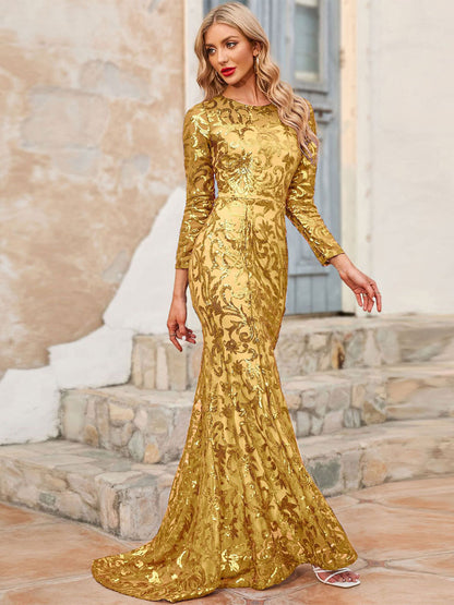 Birthday Maxi Dress Jewel Neck Long Sleeves Sexy Long Dress