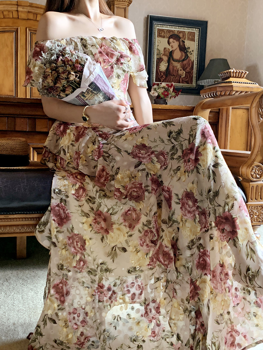 French Court-Style Plus Size Maxi Dress – Ruffled Off-Shoulder Chiffon Dream gunne sax vintage dress